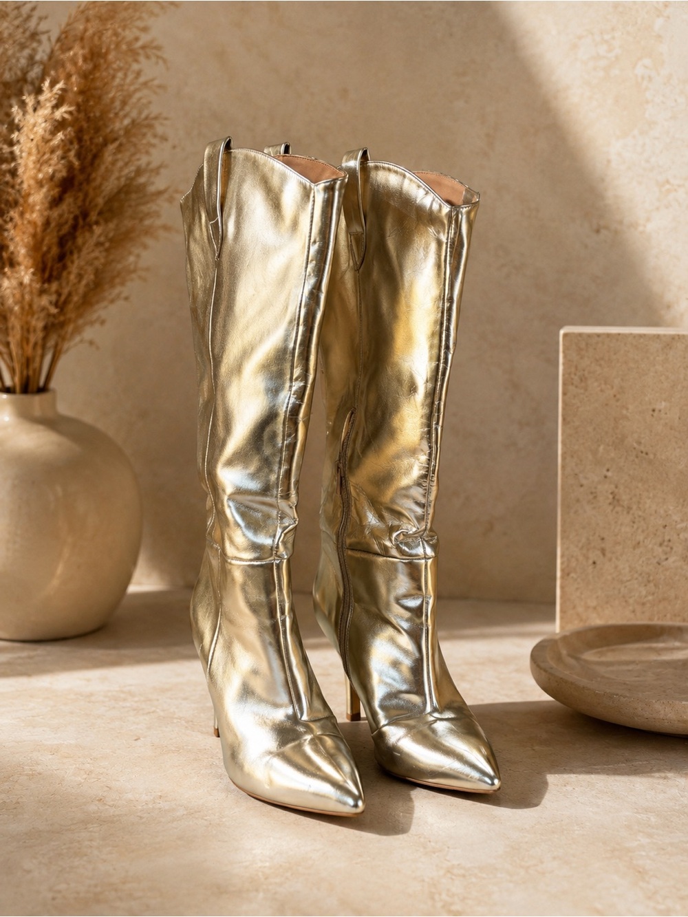 Metallic Gold Knee-High Pointed-Toe Heeled Boots